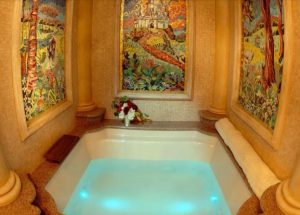 features a cut-stone floor