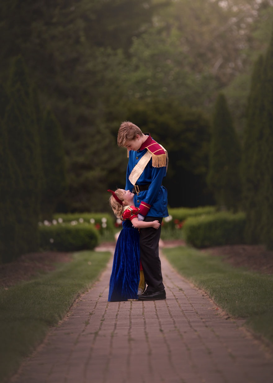 We put together the Prince Charming costume and then he chose a Snow White dress to match the blue and red costume he had chosen for himself.