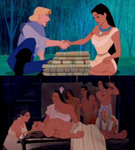 John Smith gives Pocahontas small-pox tainted blankets