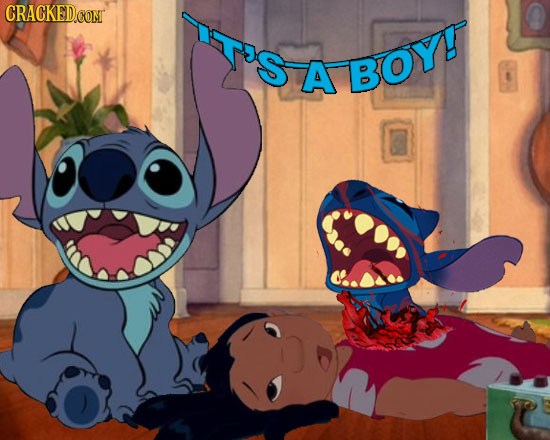 A baby stitch is born as he tears out of Lilo's chest