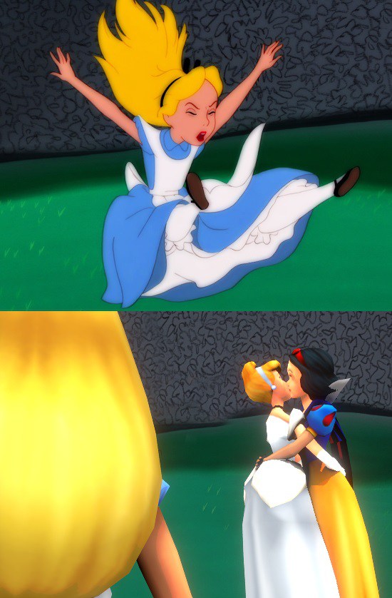 Alice sees that Snow White and Cinderella are making out in Wonderland